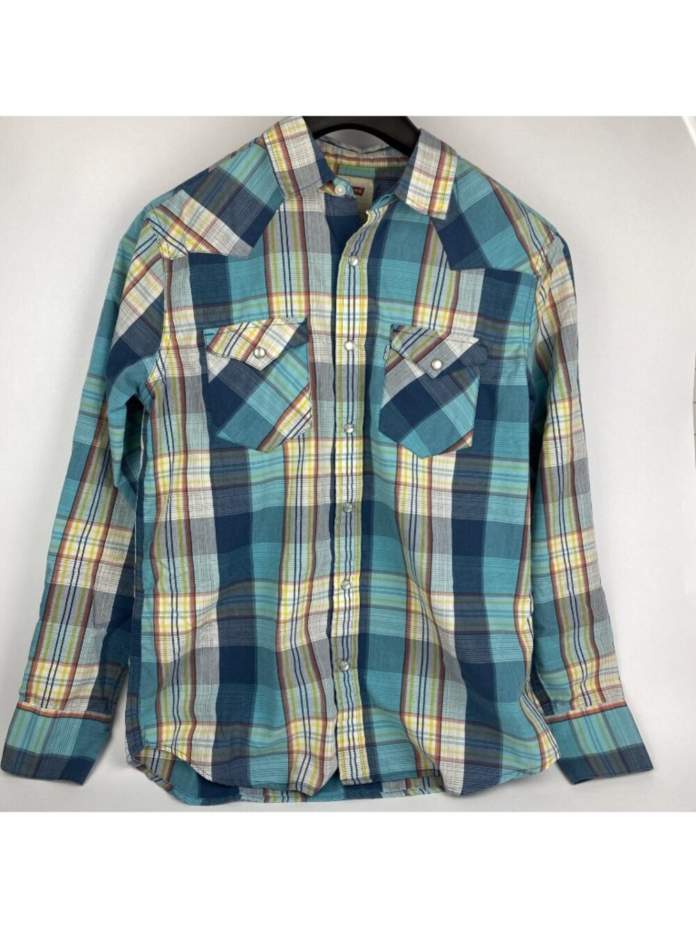 Levi's Mens Shirt Blue Small Button Down Plaid Flannel 117508 Pearl Snaps - Picture 1 of 4